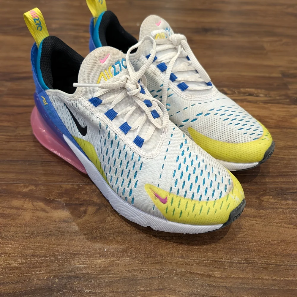Nike Kids Air Max 270 White, Blue, and Yellow Sneakers - Picture 1 of 4